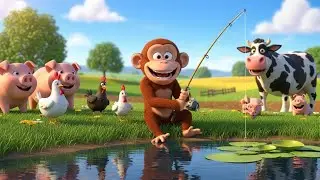 Monkey Goes Fishing on the Farm, Plays with Pigs, Chickens, and Cows | Monkey Farm Adventures