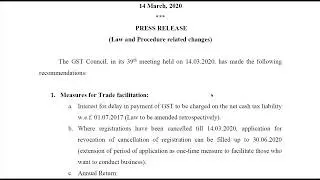 Major amendments on GST Laws and Procedure held on 14.03.2020 on its 39th GST Council meeting