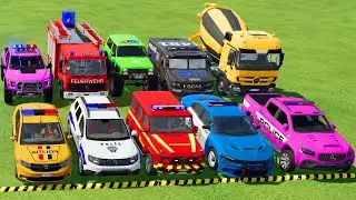 TRANSPORTING POLICE CARS, AMBULANCE, FIRE TRUCK, COLORFUL CARS WITH TRUCK -FARMING SIMULATOR 22!