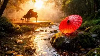 ASMR Red Umbrella in Japanese Garden: Heavy Rain & River Flow &mdash; Deep Focus Piano
