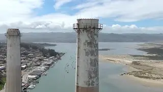 Aerial view of the Morro Bay Power Plant stacks
