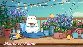 A Cozy Cat with Books on a Flower Balcony | Relaxing Piano for Study & Work Stress Relief