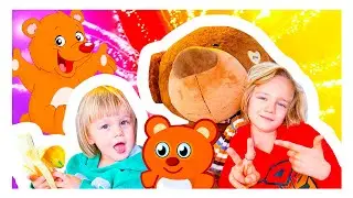 Toys shop, kids feeding funny teddy bear and its growing after vegetable meals by Mark and Danik