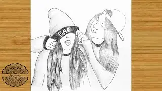 Siblings day drawing with pencil sketch for beginners || How to draw two sister hugging each other❤️