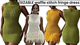 Crochet Waffle Stitch Fringe Turtle Neck Sweater Dress *UPDATED* for ALL SIZES