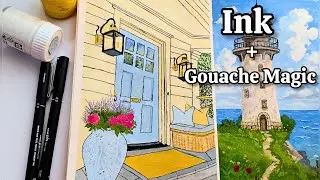 ASMR Ink & Gouache | Drawing a Cozy Blue Door Scene