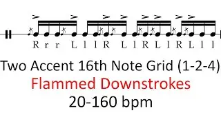 Flammed downstrokes (2 accents, 1-2-4) | 20-160 bpm 16th note grid sheet music