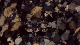 Quartz clasts of uneven thickness, crossed polars