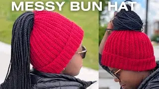 Easy Messy Bun Crochet Pattern, How to crochet a ponytail Beanie, Ribbed crochet Hat