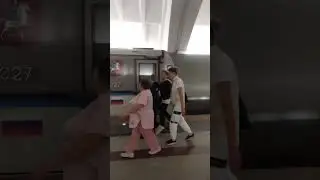 Mitino metro station,Moscow,Blue Line - interior view,arrival and departure of the train Fragment 14