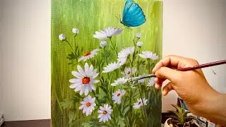 How to Paint a Beautiful Daisy Bush and a Cute Butterfly / Acrylic Painting / Huy Hội Họa ART