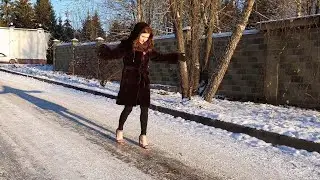 Stuart weitzman high heels sandals on ice, slippy high heels on ice, high heels on ice (scene 626)