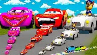 TRACTOR VS TRAIN CRASH TEST 296 - DOUBLE FLATBED TRAILER TRUCK VS SPEEDBUMPS - TRANSPORTING CARS