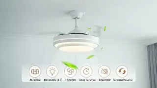 Bedroom Retractable Ceiling Fan With Light 3 Color Dimmable LED Light Remote Control