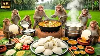 बंदरों ने एक साथ मिलकर बनाया स्वादिष्ट इडली-सांभर 🥥🔥 | Monkeys Cooked Famous Idli Sambar Together