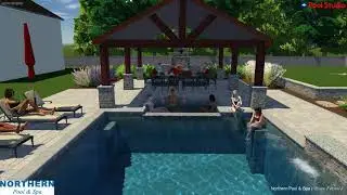 Gunite Pool Design - Spa / Sun Shelf / Pavilion / Fireplace / Outdoor Kitchen