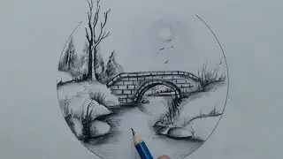 Drawing of beautiful nature step by step with pencil / bridge scenery drawing