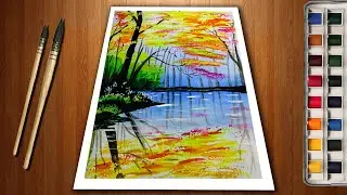 Weekly Challenge #04 | Watercolor | Easy Autumn Lake Landscape Painting | Satisfying Relaxing