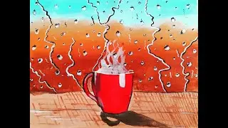 Step by step painting of water droplets on window on rainy day
