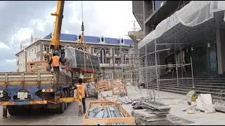Crane Lifting Massive Glass Panels Construction! #construction