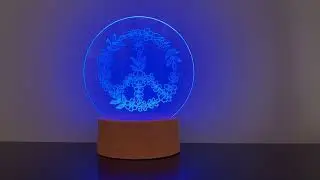Floral Peace Sign Night Light Acrylic LED on Wood Colored Base with Remote Control 16 Colors