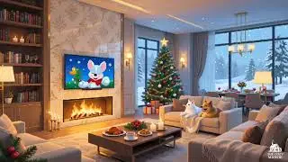 Relaxing Christmas Fireplace Ambience | Cat & Dog Watching TV in a Cozy English Room (4K)