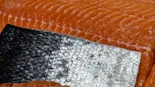 How to trim and portion D-trim Salmon sides. (Part 2 of 4) Master Fishmonger Standard.