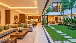 Seamless Indoor-Outdoor Elegant Living Room with Lush Backyard Garden for Modern Home