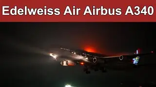 Edelweiss Air airplane Airbus A340-300 HB-JMC taking off on a winter night.