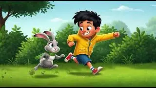 kid and a rabbit running in park