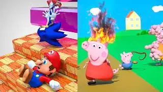 Dumb Ways To Die With Kirby, Sonic, Mario Bros, & Peppa Pig + Softbody Race 🐷🦔​👨🏻‍🔧​🔴​