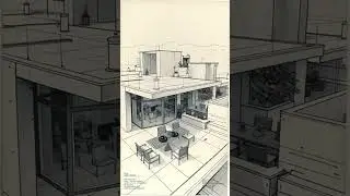 A detailed, vertical graphite pencil drawing of a complex, multi-level modern residential archite...