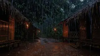 Heavy Rain in an Indonesian Bamboo Village 🌙 | Tropical Night Ambience for Deep Sleep & Relaxation