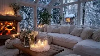 🎼Winter Piano in White Lounge  Warm Fireplace & Falling Snow  Sleep Focus Calm Stress Relief Relax