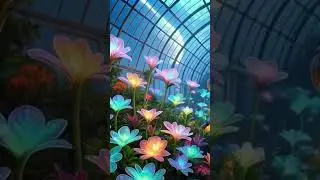 A Victorian greenhouse filled with alien flora, where plants with translucent petals emit soft, h...