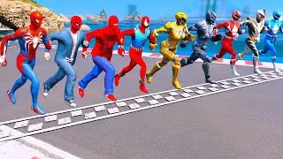 SPIDERMAN ARMY vs POWER RANGERS ARMY RUNNING CHALLENGE, SPIDERMAN TEAM MOTORBIKES RACING - GTA 5