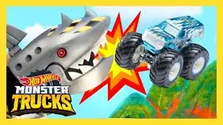 MONSTER TRUCKS BATTLE MECHA SHARK! | Monster Trucks Island | @HotWheels
