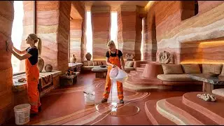 Cave-Style Interior Transformation: Sandstone Walls, Organic Benches & Epoxy Floor Timelapse ASMR