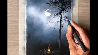 Misty forest night - oil pastel art