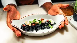 Spaghetti di Gragnano al nero di Seppia con Capesante, ‘Nduja e lime. 