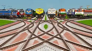7 Trains Crossing At Railroad Crossings On Bumpy Branched Railroad Tracks | indian train simulator