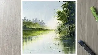 Beautiful green forest scenery - oil pastels drawing