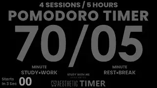 DARK Mode, Pomodoro 70 / 5, No Music, 5 Hour Study, Minimalist, 4 Sets, 70 Minute Study Timer