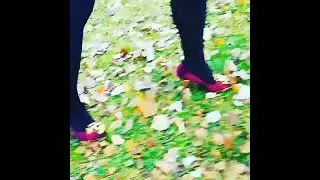 Lady L walking in forest with wooden red sexy golden high heels.