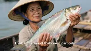 Khmer Woman Catch Big Fish from Net in River - Traditional Fishing