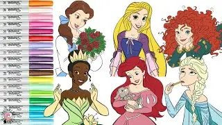 Disney Princess Coloring Book Compilation Rapunzel Elsa Merida Belle Tiana and Ariel
