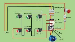 Diagram of how to control the motor from different places using Push Button -DOL STARTER