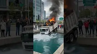 5 Ton Dump Truck Catches Fire, Jumps into Water to Survive #truck #burning #fire #shorts #viral