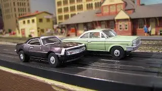 T-Jet Slot Cars: Camaro vs BelAir Racing on Wisconsin Central Train Layout