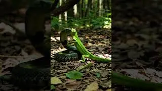Cobra snake facing lizard in the middle of the forest